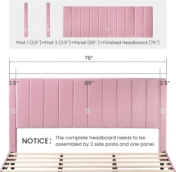 SHA CERLIN King Bed Frame/Velvet Upholstered Platform Bed Frame with Headboard/Strong Wood Slats Support/Mattress Foundation/No Box Spring Needed - Pink