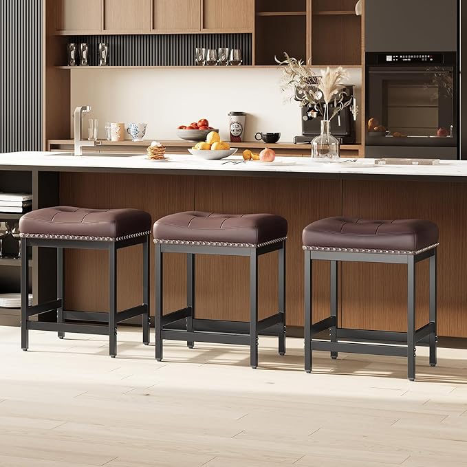 MALOL Set of 3 Saddle Bar Stools Counter Height 24.4”, Brown Backless Barstools for Kitchen Island, Modern PU Leather Cushioned Seat, Bar Chairs for Kitchen Counter, Breakfast Bar Stools for Home