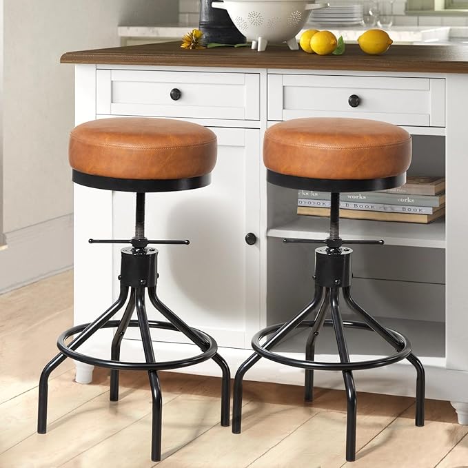Industrial Bar Stools Set of 3 Adjustable Swivel Barstools Modern PU Leather 28inch Round Backless Counter Height Stool Metal Bar Chair for Kitchen Island (3, Brown)