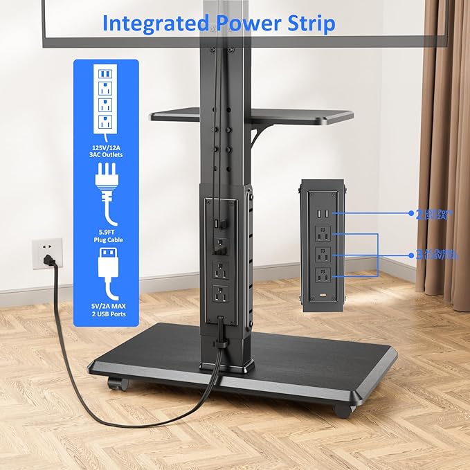 Rolling TV Stand with Power Outlet, Mobile TV Cart for 32-75 Inch TVs up to 110 lbs, 18 Adjustable Heights, Max VESA 600x400mm, TV Floor Stand with Swivel Mount/Shelf/Wheels, Fits for Bedroom, Outdoor
