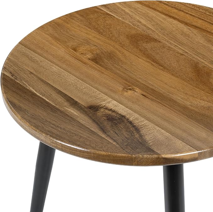 MyGift 20.5 Inch Mid Century Round End Table, Premium Acacia Solid Wood Accent Side Table with Black Metal Tapered Legs