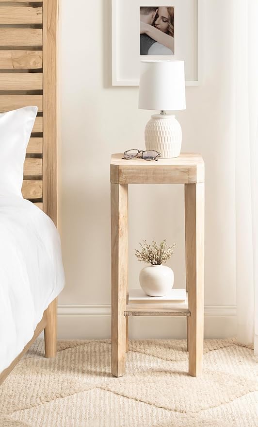 Kate and Laurel Talcott Modern Square Wood Drink Table, 12 x 12 x 28, Light Natural, Transitional Decorative Two-Tier Pedestal Table for Use as Plant Stand Indoors or Living Room Decor Accent