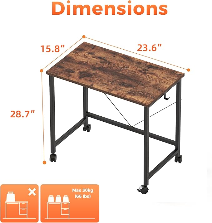 Rolling Computer Desk with Wheels, Gaming Desk for Small Spaces, Modern Simple Style Table for Home Office, Study Writing Table (Caster, Rustic Brown, 24 inch)