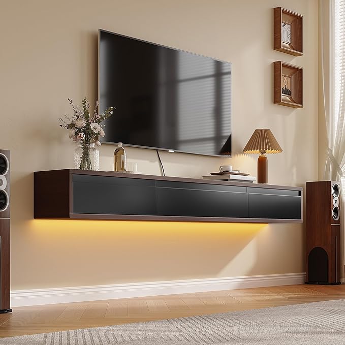 Floating TV Stand Matte Finish, 86'' Wall-Mounted TV Cabinet,Floating TV Console,Under TV Shelf with 3 Doors for Living Room Bedroom(Walnut+Black)