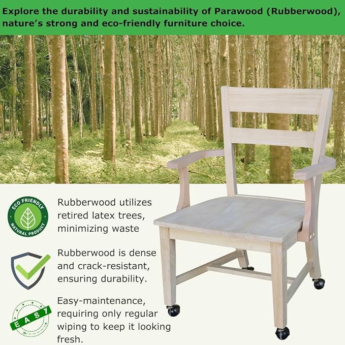 IC International Concepts Dining Chair with Casters, 225lbs wt Capacity, Solid Real Wood, Sturdy Parawood, 24.4"W x 22"D x 35"H, DIY, Paint/Stain Ready, Unfinished