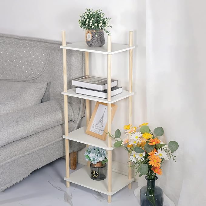 LITA Modern Wood Side Table, Accent End Table Plant Night Stand with Magazine Storage for Bedroom, Living Room, Bathroom, White, 4- Tier