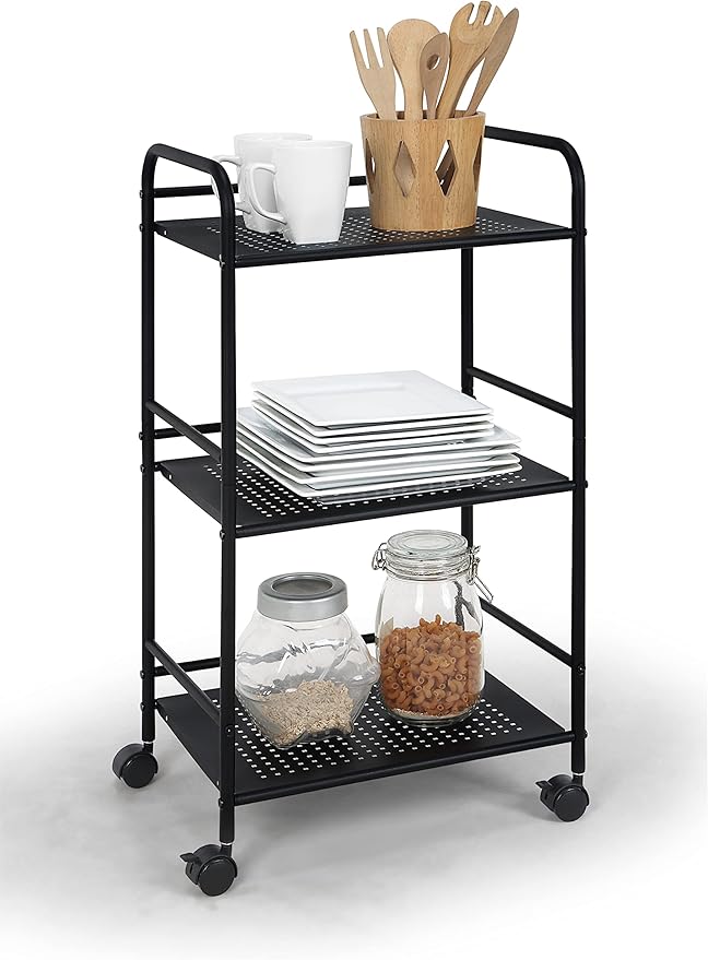 SunnyPoint 3-Tier Rolling Utility Cart – Metal Storage Organizer with Wheels, Mobile Kitchen Cart, Office & Home Organizer, Black, 12" D x 16.92" W x 31.1" H