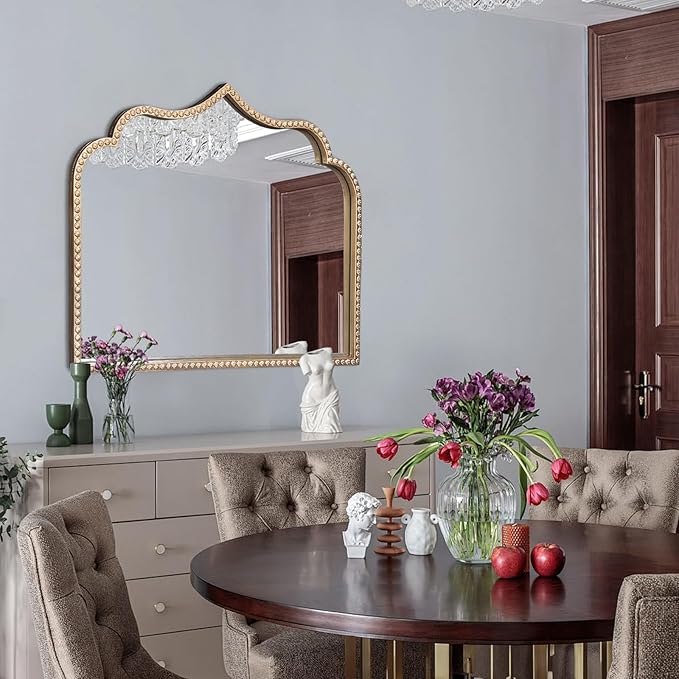 Gold Arched Mirror, 36"x28" Arch Vanity Mirrors for Bathroom, Metal Beaded Frame Ornate Decorative Mirror, Scalloped Vintage Mirrors for Fireplace Bedroom Living Room Entryway Hallway