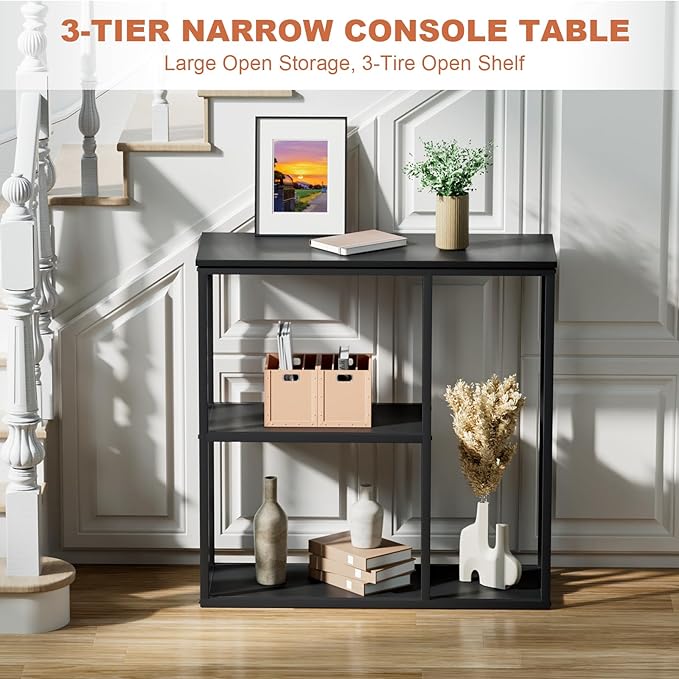 WOHOMO Console Table, 12'' Narrow Entryway Table for Living Room, 31.5'' x 31.5'' Black Industrial Sofa Table with 3-Tier Storage Shelves for Corridor, Hallway, Black