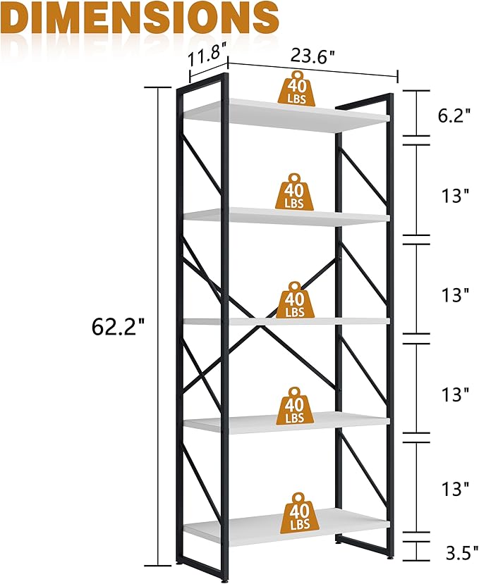 Bookshelf, 5 Tier Bookshelves, Home Office Bookcase Shelf Storage Organizer, Free Standing Storage Shelving Unit for Bedroom, Living Room and Home Office,White