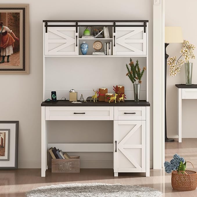 Farmhouse 47" Executive Desk, Computer Desk with 2 Drawers and Storage Cabinet, Home Office Desk with Hutch, Charging Hub, Workspace for Work and Study,Black
