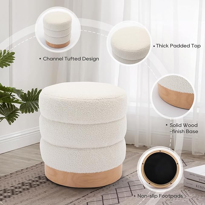 COLAMY Sherpa Ottoman Footstool, Tufted Modern Foot Rest Stool with Wood Base for Living Room, Bedroom, Desk, Round Versatile Side End Table, Pouf, Makeup Seat, Cream