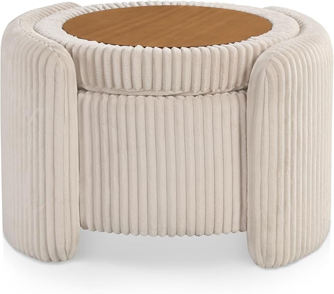 Furniture of America Lennox Modern Chenille 25-inch Round Storage Ottoman with Reversible Flip Top, Upholstered Footstool for Living Room, Bedroom, Entryway, Beige Pink