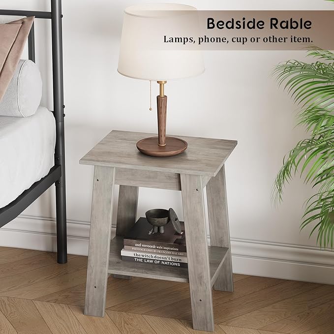 End Table, Set of 2, Side Table with 2-Tier Storage Shelf, Sofa Table for Small Space, Square Nightstand for Entryway, Farmhouse, Living Room, Easy Assembly, Grey