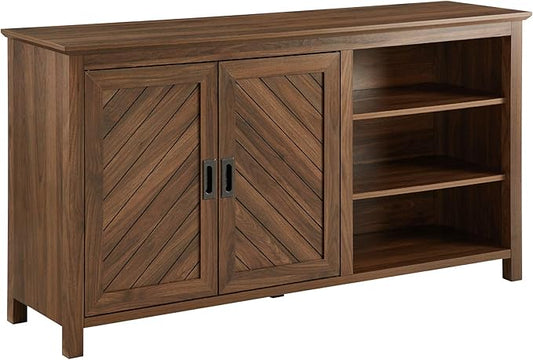 Walker Edison Modern Wood Grooved Buffet Sideboard with Open Storage-Entryway Serving Storage Cabinet Doors-Dining Room Console, 58 Inch, Dark Walnut