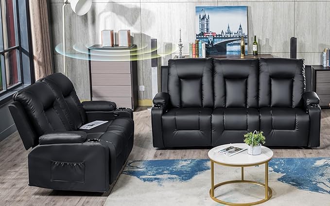 COMHOMA Living Room Furniture Set,Bonded Leather Loveseat Sofa with Cup Holder Recliner Chair,3+2,Black