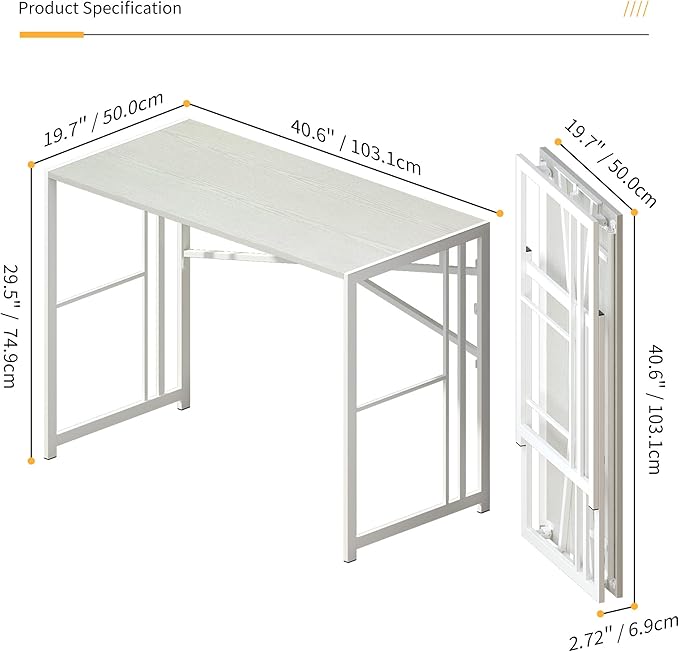 Folding Desk 40 inch Writing Gaming Computer Camping Table, No Assembly Required Home Office Desk, White