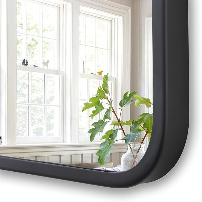 30"x48" Bathroom Wall Mirror with Matte Black Metal Frame & HD Glass, Copper-Free Mirrors Modern Rectangle Round Corner Framed Vanity Mirror - Horizontal or Vertical Installation