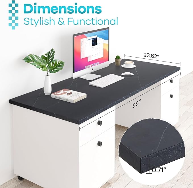 Kaboon Universal Tabletop 55"x23.62" Solid One-Piece Melamine Table Top, Double Desk L-Desk DIY, Home and Office Countertop,Cloud Atlas/Black Marble