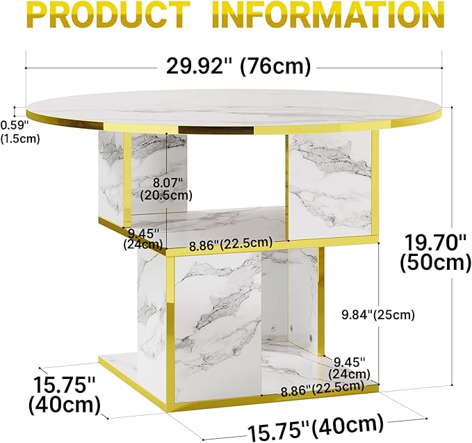 Elephance Round Coffee Table with Storage,3-Tier Coffee Table for Living Room,Wooden Tabletop-Marble White with Gold Frame