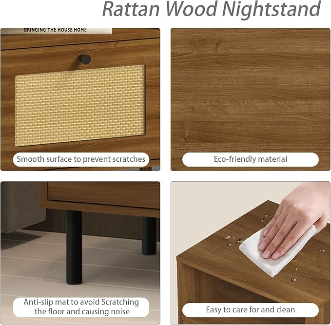 Rattan Nightstand with Storage Boho Modern Farmhouse Bedside Table with Drawer & Open Shelf Light Wood End Table for Bedroom, Living Room, Office, Dorm - Natural Walnut 0ak Color