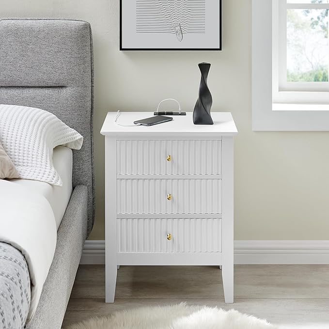 OCANDO White Bed Side Table with Charging Station and USB & Type-C Ports, Bedroom Nightstand 24" H,Vintage Modern Night Stand with 3 Drawers 19" W,Living Room Fluted End Bedside Tables