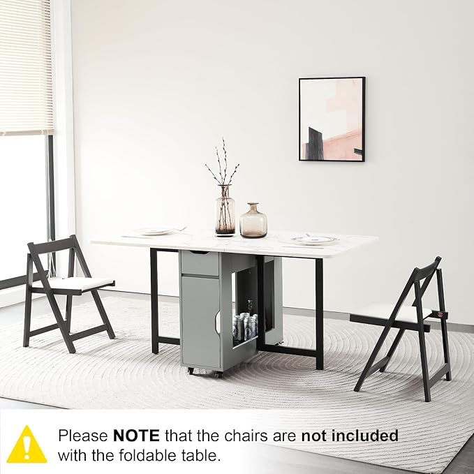 Foldable Space Saving Dining Table Extendable, Folding Dining Table with Storage and Wheels 2-Layers, Versatile Drop Leaf Table Modern for Living Room, Kitchen, RV Campers (Grey)