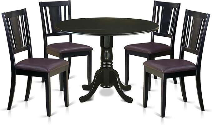 East West Furniture DLDU5-BLK-LC 5 Piece Modern Dining Table Set Includes a Round Wooden Table with Dropleaf and 4 Faux Leather Kitchen Dining Chairs, 42x42 Inch, Black