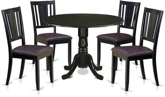East West Furniture DLDU5-BLK-LC 5 Piece Modern Dining Table Set Includes a Round Wooden Table with Dropleaf and 4 Faux Leather Kitchen Dining Chairs, 42x42 Inch, Black