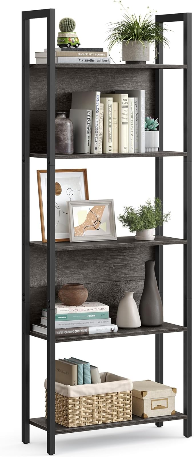 VASAGLE 5-Tier Bookshelf, Book Shelf, Industrial Bookcase, with Steel Frame, for Living Room, Home Office, Bedroom, 9.4 x 24.4 x 65 Inches, Charcoal Gray and Black ULLS025B04