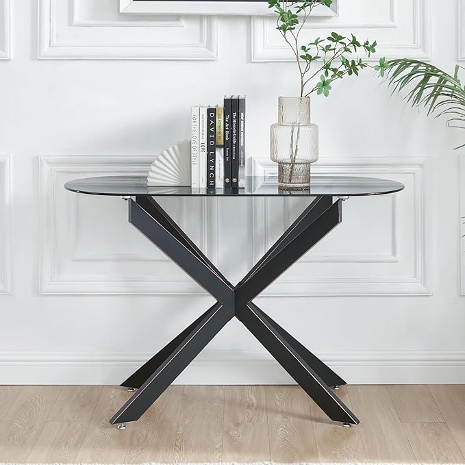 Modern Glass Oval Console Table, Entryway Hallway Narrow Sofa Table, Entrance for Entryway, Living Room, Foyer, Hallway, Office， 45" Lx18 Wx30 H Black