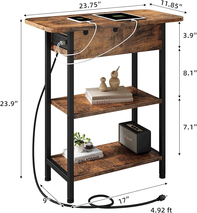 LIDYUK Set of 2 Brown End Tables with Charging Station, Narrow Side Tables for Small Spaces, Nightstands, Living Room, Brown