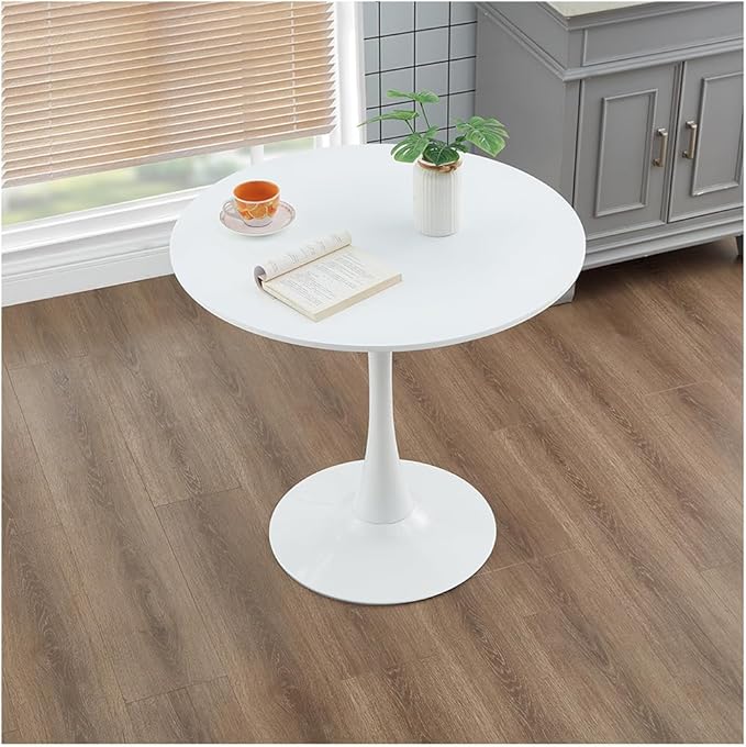 23.4" Tulip Dining Table, White, Perfect for 2-4 People, Mid-Century Modern Style, Round MDF Top with Sturdy Base for Dining Room, Living Room, Cafe