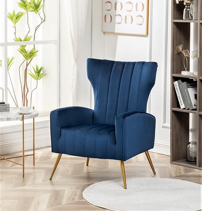 Container Furniture Direct Modern Velvet Accent Chair, Channel Tufted Bedroom, Office or Living Room Furniture with Elegant Metal Legs, 26" Wide Armchair, Blue