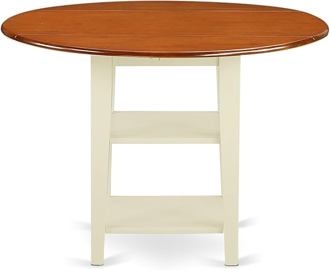 East West Furniture SUPL5-BMK-W 5 Piece Dining Room Table Set Includes a Round Kitchen Table with Dropleaf & Shelves and 4 Dining Chairs, 42x42 Inch, Buttermilk & Cherry