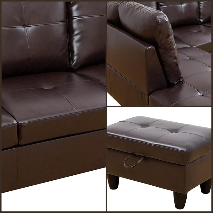 L Shaped Sectional Couches, Modular Sectional Modern Sofa for Living Room Bedroom Furniture, Comfy 4 Seat Couch with Ottoman Storage & Chaise, Brown