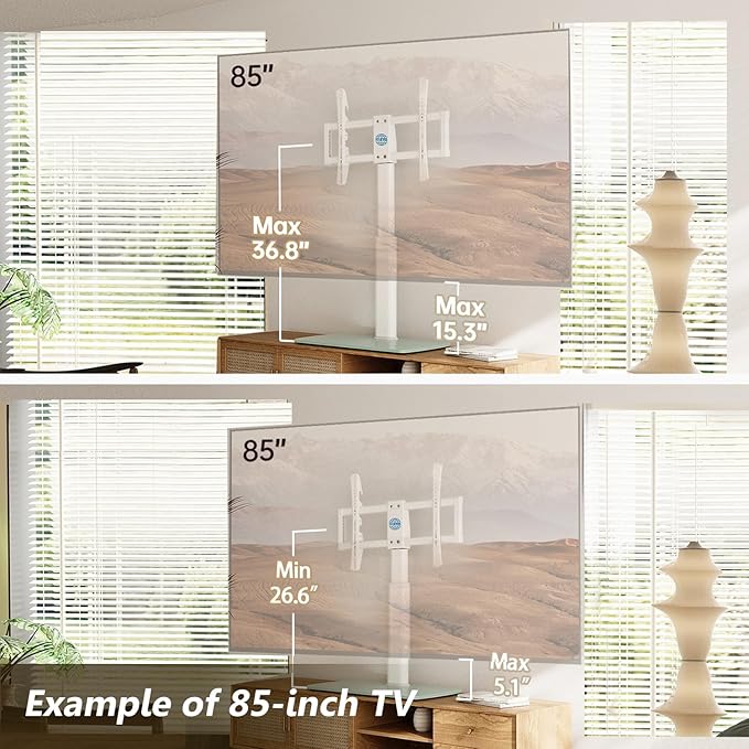 FITUEYES Universal TV Stand, Swivel TV Table Stand for 43 50-65 70 75 80 85Inch Flat Screen, Table Top TV Stand Base Replacement, Height Adjustable TV Mount Stand, Glass Base, Max Holds 110lbs