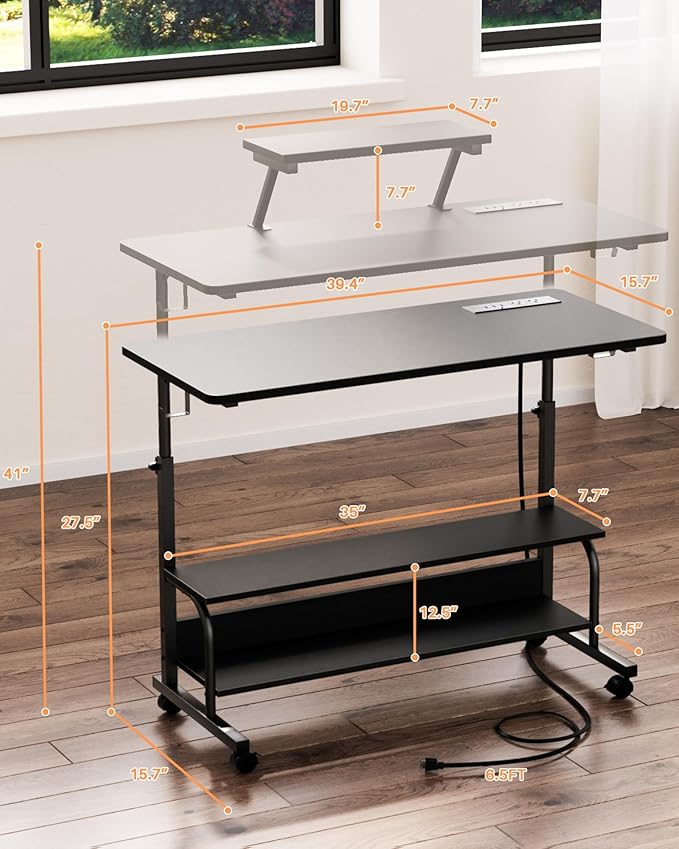 Height Adjustable Standing Desk with Power Outlets and LED Lights - 39" Manual Stand Up Desk with Monitor Stand and Storage Shelves Small Mobile Rolling Computer Desk Portable Laptop Table, Black