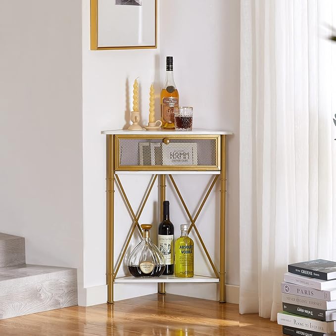VECELO Cabinet/Table, 3-Tier Display Shelves with Protection Door, Metal Frame Storage Shelf Organizer for Small Space, Living Room, Kitchen, Bathroom, Set of 1, Gold+Black