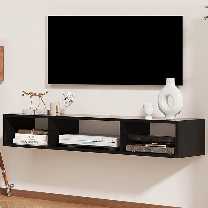 55" Floating TV Stand Modern Floating TV Console Wall Mounted Entertainment Center with Open Storage Cabinet Storage for Living Room Bedroom, Black