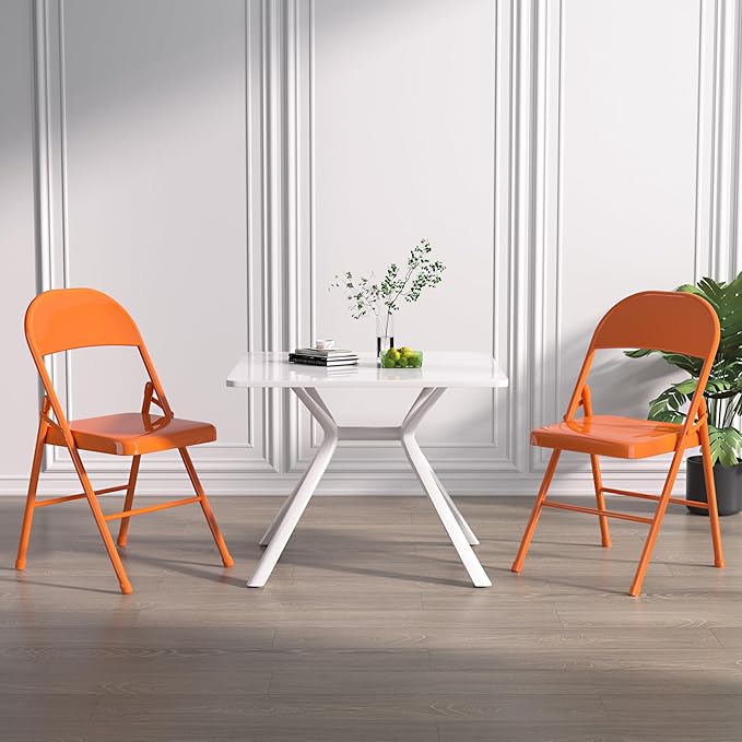 VECELO Metal Frame Steel Folding Mounted Chairs with Triple Braced & Double Hinged Back for Home Office,350-Pound Capacity,Orange, Pack of 4