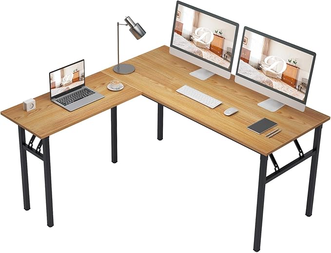 DlandHome Reversible L-Shaped Desk Large Corner Desk Folding Table Computer Desk Home Office Table Computer Workstation,Teak Black-N