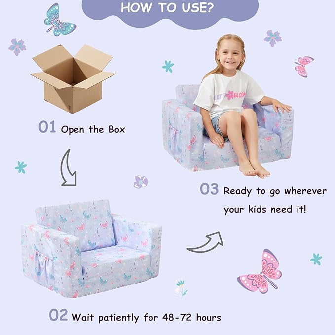 Viviland Kids Chairs for Toddler,2-in-1 Soft Toddler Couch Fold Out,Convertible Soft to Lounger Toddke Chair Comfy for Girls and Boys,Purple Butterfly