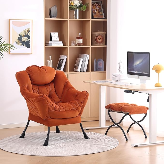 LITA Lazy Chair with Ottoman, Modern Lounge Accent Chair with Armrests and a Side Pocket, Leisure Upholstered Sofa Chair Set, Reading Chair with Footrest for Small Space, Corner Chair,Orange
