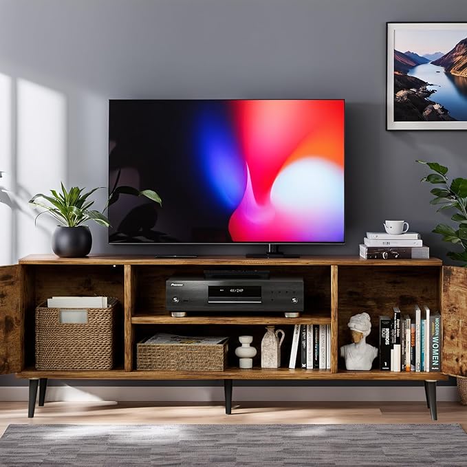 YESHOMY Modern TV Stand for 65" Television, Entertainment Center with Two Storage Cabinets and Open Shelves, Retro Style Media Console for Living Room, Bedroom, Office, 58 Inch, Rustic Brown