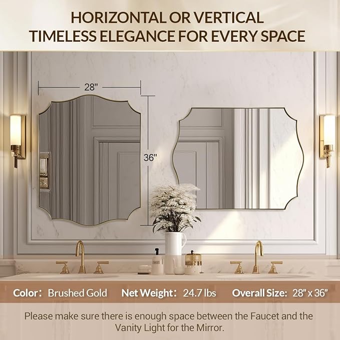 28x36 Inch Gold Scalloped Mirror, Bathroom Vanity Mirror with Stainless Steel Metal Frame, Anti-Rust, Shatterproof HD Glass, Unique Irregular Mirror for Bathroom, Bedroom, Living Room