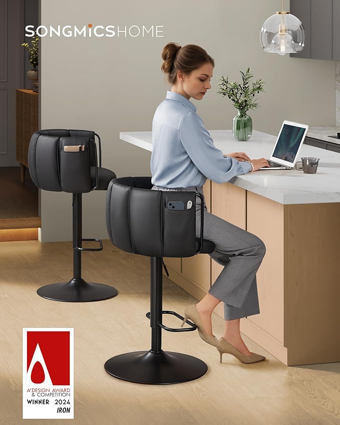 SONGMICS Home 360° Swivel Bar Stools Set of 2, Height Adjustable Barstools with Curved Back, Upholstered Counter Bar Stools with Footrest, Large Base, for Kitchen Island, Modern, Ink Black ULJB103B01
