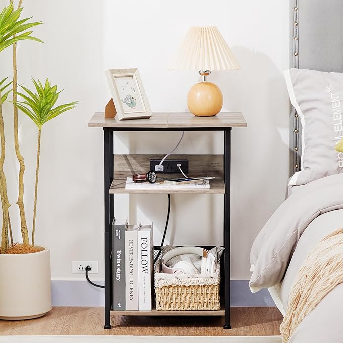 AMHANCIBLE Record Player Stand with Charging Station, Large Turntable with Storage Cabinet holds up to 100 Albums, 3 Tier End Table for Vinyl, Living Room, Grey, HETCD012GY-1