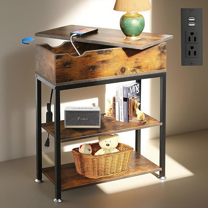 Rotating Top End Table with Charging Station, Side Table with USB Ports and Outlets, 24" W x 12" D x 27" H, Rotating End Table with Storage, Couch Side Tables, Narrow Table Living Room, Bedroom