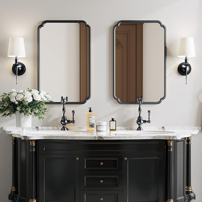 22x34 Inch Black Bathroom Mirror, Metal Framed Wall Mirror with Rounded Edges, Rustproof Horizontal Vertical Hanging for Vanity Over Sink